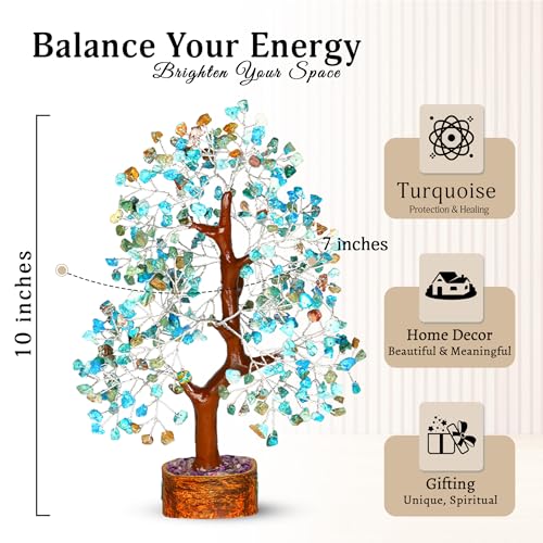 YATSKIA Turquoise Crystal Tree - Gemstone Tree - Tree of Life - Crystal Home Decor - Good Luck Charms - Spiritual Gifts for Women - Gemstones and Crystals - Chakra Stones - Meditation Decor - color: Turquoise Silver Wire