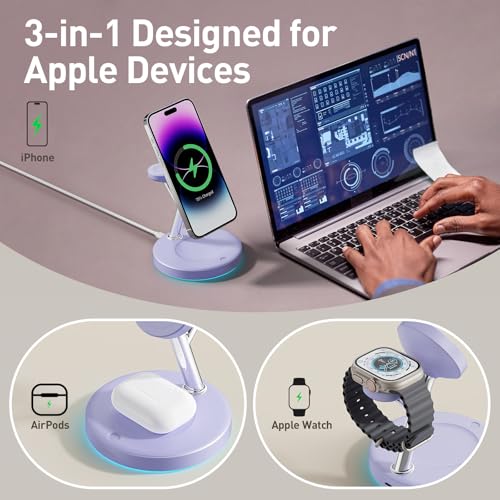 New 3 in 1 Charging Station for Apple Compatible with Magsafe Charger Stand for iPhone 17 16 15 14 13 12 Wireless Charging Station for AirPods Wireless Charger for iWatch Series - color: Purple
