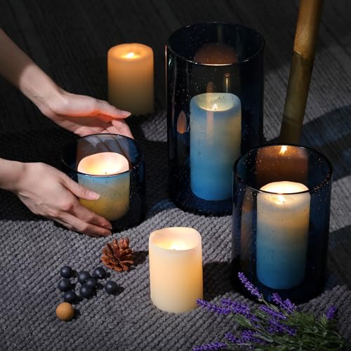 Large Hurricane Candle Holder Set of 3 Blue Candle Holders for Pillar Candles, Seeded Bubbles Glass Candle Holder, Blue Glass Cylinder Vases for Table Centerpieces, Home, Patio and Wedding 10"7"4"H - color: Blue, size: Large