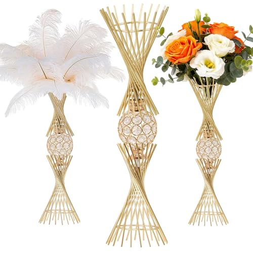 VIJIV Gold Vase for Wedding Centerpieces Table, 21" Tall Luxury Hourglass Metal Trumpet Vase for Flower Arrangement & Ostrich Feathers Holder, Perfect for Wedding Galas, Anniversary & Formal Events - size: Tall-20.5IN