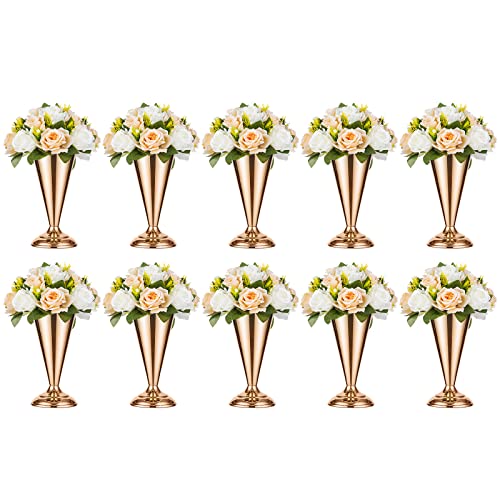 10 Pcs Tabletop Metal Wedding Flower Trumpet Vase, 9.8 inch Table Decorative Centerpiece Artificial Flower Arrangements for Anniversary Ceremony Party Birthday Event Aisle Home Decoration, Gold - color: Gold, size: 9.8 inch x 10 Pcs