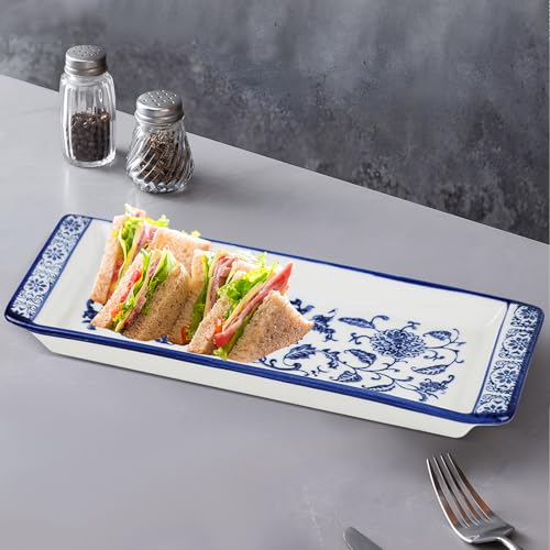 11" Blue and White Porcelain Serving Tray, Blue and White Decor Elegant Coffee Table Tray, Handcrafted Coffee Table Tea Tray Decor, Ceramic Small Tray for Kitchen Sandwich Snack Appetizer Dessert