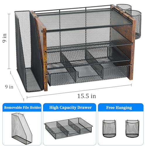 OPNICE Desk Organizer, 4-Tier Desktop File Organizer with Drawer and 2 Pen Holders, Office Desk Accessories, File Sorters, Workspace Organizers for Office Supplies(Brown Wood) - color: Brown Wood, size: 4-Tier