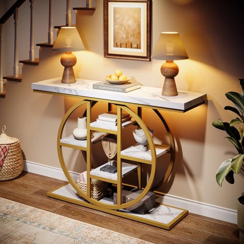 Celaform 41" Console Table, 4-Tier Entryway Table with Circle Base, Industrial Narrow Wood Sofa Accent Tables with Storage Shelves for Living Room, Hallway, Foyer (White Gold) - color: White Gold