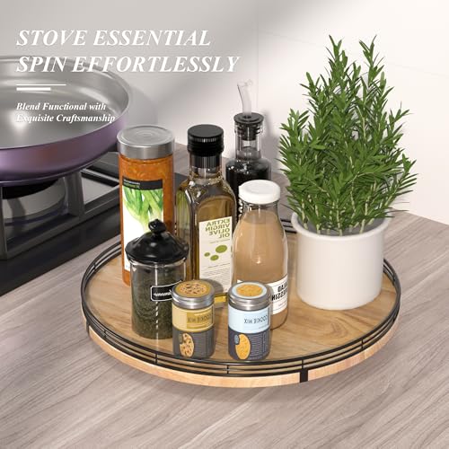 16" Lazy Susan Oak Wood Turntable Organizer for Cabinet, Farmhouse Round Wooden Large Lazy Susan Organization and Storage for Dining Table, Pantry, Kitchen, Bathroom, Countertop, Cupboard, Home Decor - color: Brown & Black, size: 16 inches