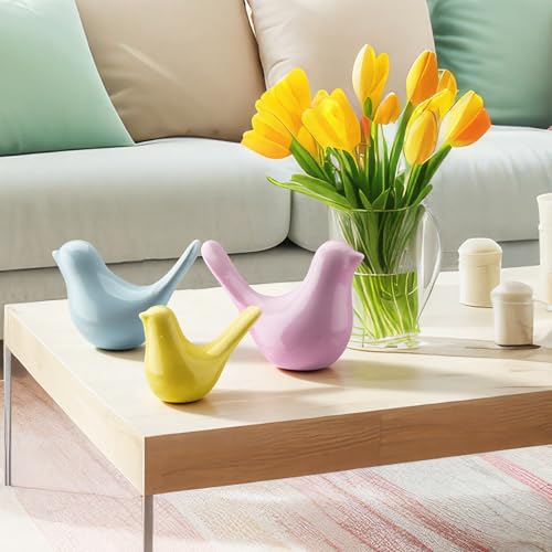 AceOrbit 3 Pcs Spring Small Animal Statues Pink Birds Decor Pastel Color Sculpture Ornaments Blue Yellow Bird Figures for Spring Home Office Table Desktop Bookshelf Mantelpiece Shelf - style: Cute Style