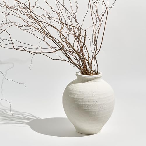LB2 White Ceramic Large Vase, 11.8" Tall Zen Style, Terra Cotta Pitcher, Distressed Farmhouse Decor, Pottery Decorative Flower for Home Decor (C - White 11.8") - color: C - White 11.8"