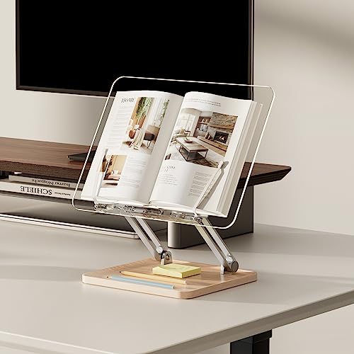 Adjustable Acrylic Book Stand for Reading, Book Holder with Pen Slot, Foldable Desktop Riser for Laptop, Recipe, Textbook - Hands-Free,Cookbook Stand, Clear Design with Page Clips