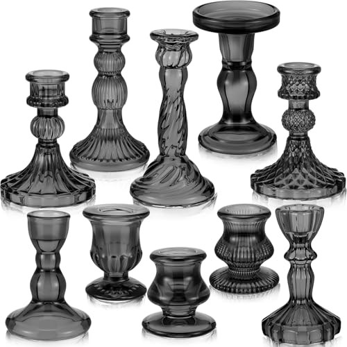 Mumufy 10 Pcs Glass Crystal Taper Candle Holders Clear Glass Candlestick Holder Fit 0.8 Inch Candles Crystal Decorative Candle Stand Centerpiece Table Wedding Dining Party (Classic,Black) - color: Black