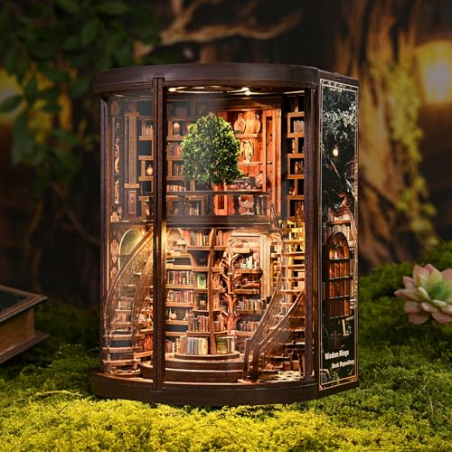 Wisdom Tree Library Book Nook Kit, DIY 3D Wooden Puzzle with Rotating Staircase, LED Light & Dust Cover, Premium Solid Wood Bookend, Vintage Decor, Creative Gift for Adults & Book Lovers - style: Wisdom Tree Library