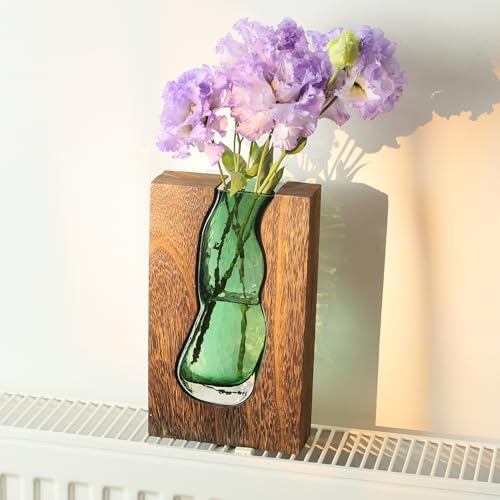 Wood and Glass Inlay Vases Farmhouse Wooden Glass Flower Vase Solid Wood Glass Vase Home Decor Vases for Centerpiece (9.45 Inches) - size: 9.45 Inches