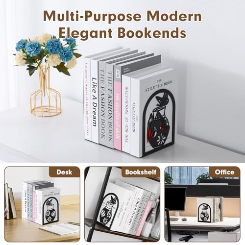 Aertiavty 2 Pcs Bookends for Shelves, Large Heavy-Duty Morden Vase Book Ends, Non-Skid Butterfly Bookends, Decorative Book Holder for Home Office, Metal Black Floral Book Stopper, 1 Pair - style: Butterfly Vase