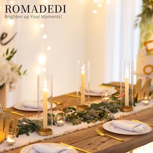 Romadedi Candlestick Candle Holders Hurricane Glass - 12 Inch Clear Gold Taper Candle Holders for Table Centerpiece Wedding Party Birthday Christmas Decor Home Decorations, Set of 2 - color: Gold