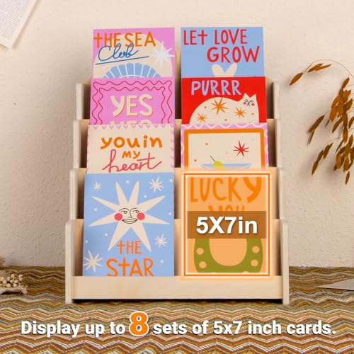 PUERSI Greeting Card Display Stand, Wooden 4-Tier Postcard Display Stand Holder for Sticker, Vendors, Retail Stores, Beige - color: Beige