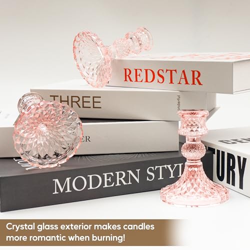 Glass Candlestick Holder Taper and Candle Holder Desktop Decoration for Wedding Dinning Party-3 pcs - color: Pink