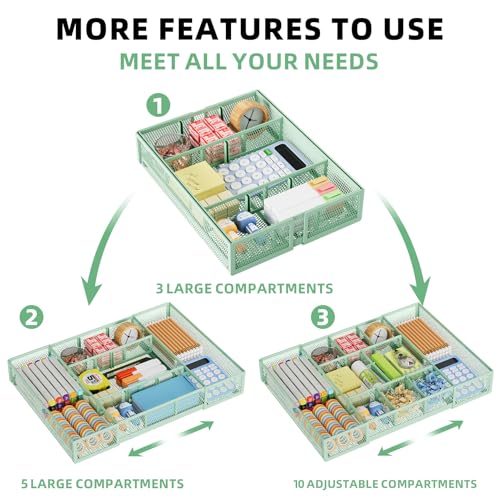Marbrasse Expandable Desk Drawer Organizer, Mesh Drawer Organizer Tray with 10 Adjustable Compartments, Desk Organizers and Accessories for Office Supplies, Makeup & Vanity (Expandable-Green) - color: Expandable-Green