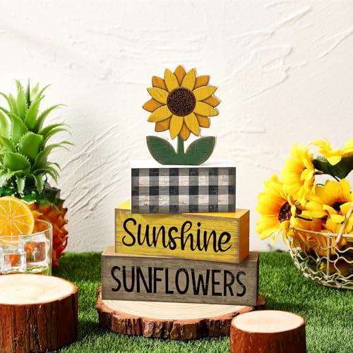 Yuntau 4 Pcs Sunflower Decorations Sunflower Wooden Sign Sunshine Table Centerpiece Summer Tiered Tray Decor Decorative Faux Book Stack Block for Coffee Table Fireplace Mantel Floating Shelf - style: Sunflower