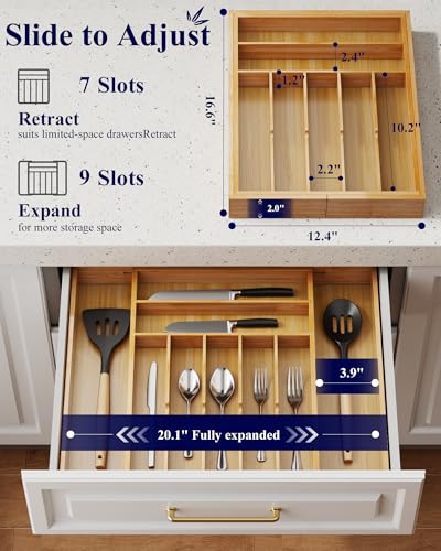 Kitsure Silverware Organizer - Expandable Bamboo Kitchen Drawer Organizer for Cooking Utensils and Cutlery, Sturdy & Thickened Kitchen Organizers and Storage Solution, XX-Large, Natural - color: Natural, size: XX-Large