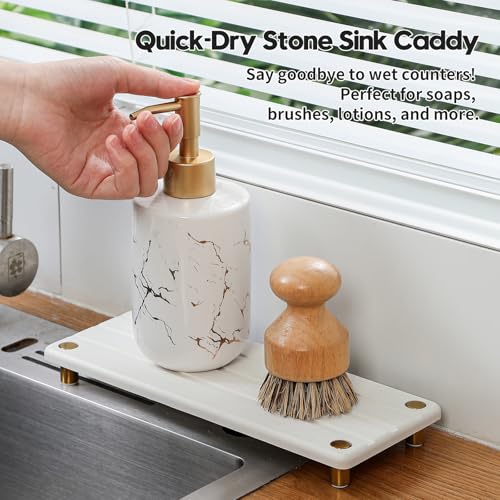 Razborci Instant Dry Sink Caddy Kitchen Sink Organizer, Quick Drying Diatomaceous Earth Stone Sink Tray Sponge Holder Soap Dish, Bathroom Countertop Vanity Dispenser Toothbrush, Gold White, 10" x 4" - color: 1. Gold - White, size: 10" x 4" x 1"