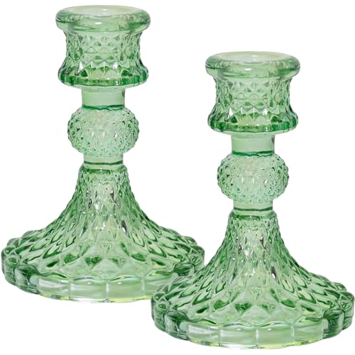 Glass Candlestick Holders Set of 2，Taper Candle Holders Fit 0.8 Inch Candles, Crystal Decorative Candle Stand Centerpiece for Table Wedding Dinning Party 4 Inch Tall (Green) - color: Green