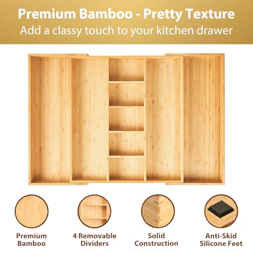 Umilife Extra Large Expandable Kitchen Drawer Organizer for Utensil and Junk, 19" Deep for Big Drawer, 17" to 28" Adjustable Bamboo Wood Drawer Divider, Cutlery Tray, Flatware Holder - style: For Utensil (17"~28" x 19")