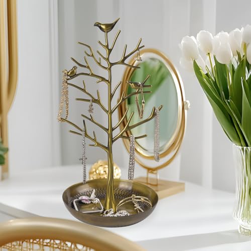 ChezMax Jewelry Display Necklace Earring Organizer Holder Metal Birds Tree Stand with Tray Antique Bracelet Rings Rack Tower Decoration for Women Girl 11.8 Inch - color: B-Metal Antique Greenish
