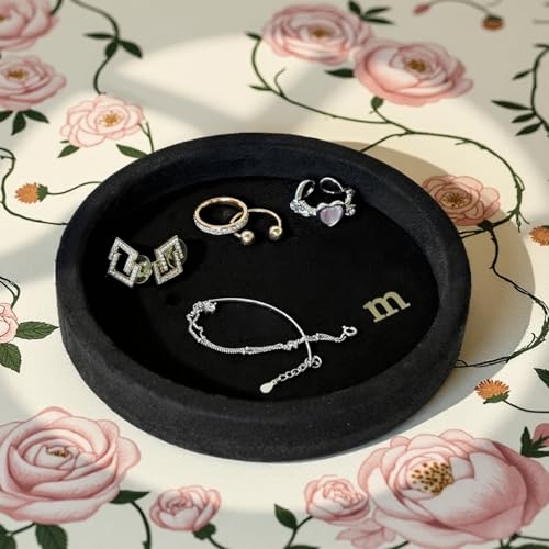 COLLECTIVE HOME - Velvet Jewelry Tray, 6" Monogrammed Jewelry Dish, Smooth Velour Display Dish for Rings, Earrings, Necklaces, Makeup, Personalized Gifts for Women (Black-m) - color: Black-m