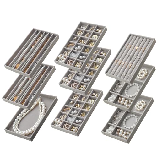 SPAKOWN Jewelry Drawer Organizer Inserts Set of 9, Velvet Jewelry Trays for Drawers, Storage for Earring, Ring, Necklace, Watch, Bracelet (Grey) - color: Grey