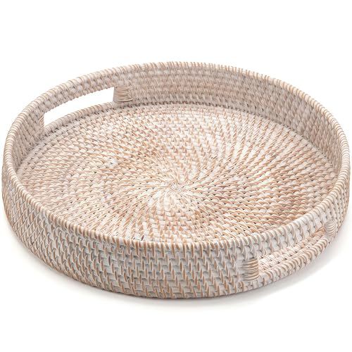 14" Round Rattan Tray, Hand Woven Serving Tray with Handles, Wicker Serving Basket, Decorative Tray for Home Decor, Whitewash - color: Whitewash, size: 14"