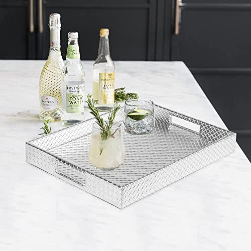 HofferRuffer Rectangle Serving Tray with Hole Handles for Coffee Table, Breakfast, Tea, Food, Butler - Countertop, Kitchen, Vanity Serve Tray, 16.2 x 12.2 x 2 inches, Faux Leather (Silver) - color: Silver, size: 16.2" x 12.2" x 2"