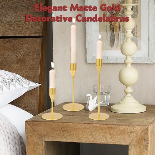 Matte Gold Candle Holders Bulk Painted Gold Metal Candlesticks Fit 0.8 Inch Taper Candles Decorative Metal Candelabra for Wedding Home Holiday Anniversary Party Dinning Table Decors (Set of 24) - size: 24 pcs