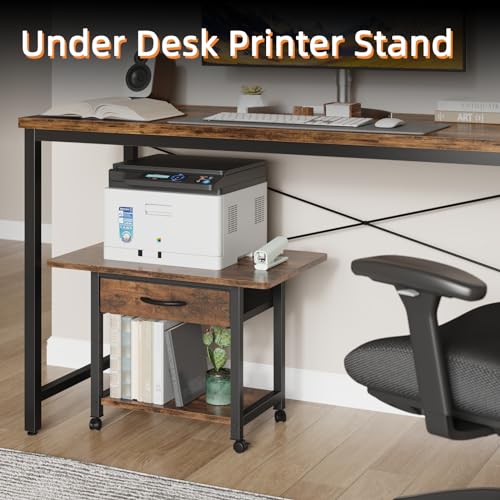 YAOHUOO Large Printer Stand with Storage Drawer, 2-Tier Under Desk Table for Home Office, Fits Fax Machine/3D Printer/Scanner (Brown) - color: Rustic Brown, size: 2-Tier