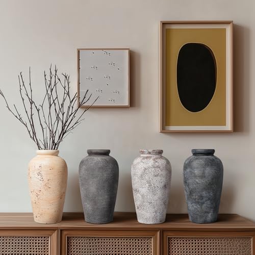 Large Rustic Terracotta Vase, 11 inch Tall Ceramic Flower Vase, Clay Farmhouse Decorative Vases for Flowers, Living Room, Shelf, Entryway, Home Decor, Grey - color: Rustic Grey