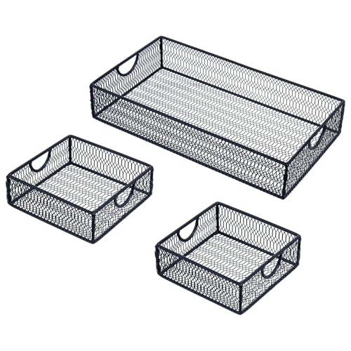 MyGift Modern Geometric Diamond Pattern Black Metal Wire Tabletop Organizer Trays, Office Desk Supplies Nesting Bins, Makeup Accessories Drawer Storage, 3 Piece Set - color: Black