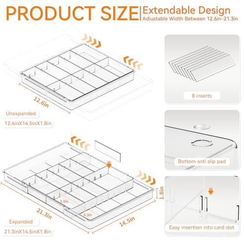Yieach Large Expandable Desk Drawer Organizer Tray for Office Supplies and Accessories With 12 Adjustable Compartments,Office Drawer Organizers for Pencil,Pen and Kitchen Junk Drawer Organizer,Clear - size: L-12.6 to 21.3x14.5x1.8 In