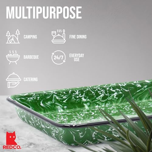 Red Co. 11" x 9" Enamelware Metal Classic 2 Quart Rectangular Serving Tray, Dark Green Marble/Black Rim - Splatter Design - color: Dark Green