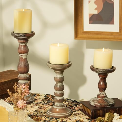 Wooden Pillar Candle Holder: Rustic Brown Candle Stand Wood Distressed Candleholders Farmhouse Fall Decor for Christmas Fireplace Mantle Dining Table Living Room Shelf Set of 3 - color: Brown, size: 5.9", 8.26", 11.81"