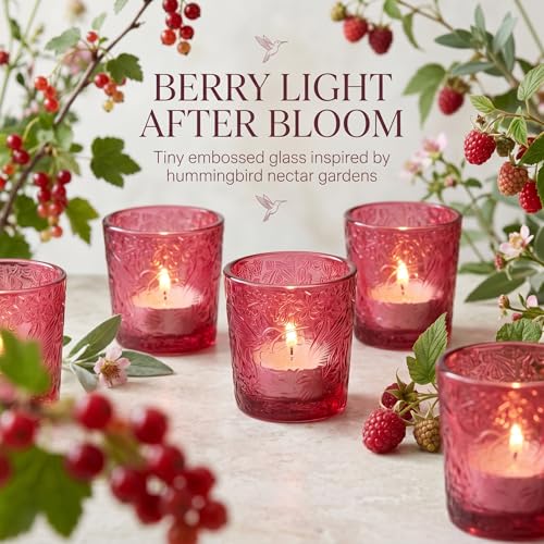 12 Pack Hummingbird Embossed Glass Candle Holders – Votive Tealight Holders with Patent Design, Decorative Embossed Glass Cups for Wedding Centerpieces, Parties, and Home Décor (Wildberry Red) - color: Wildberry Red
