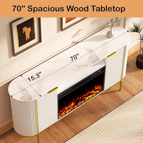 Luxury Fluted Fireplace TV Stand：70" Modern Chic Entertainment Center with Fireplaces for Living Room, Media Console Electric Fireplace with Storage,Off White (White, 70 inch TV Stand with Fireplace)