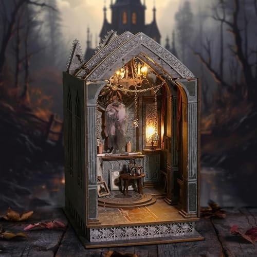 Book Nook DIY Gothic Miniature Kit, Wooden Rolife Miniature Kit with 3D Structure and Bookend Design for Adults, DIY Miniature House Kit for Bookshelf Decor and Gift