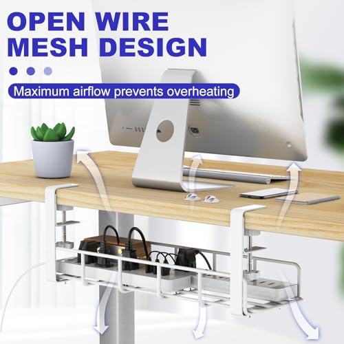 Under Desk Cable Management Tray, 31.5'' No Drill Heavy Duty Steel Cable Tray Organizers, Wire Management Tray Cable Rack with Clamp Mount, Adjustable Metal Under Desk Tray (White, 2 Pack) - color: White, size: 2 Pack