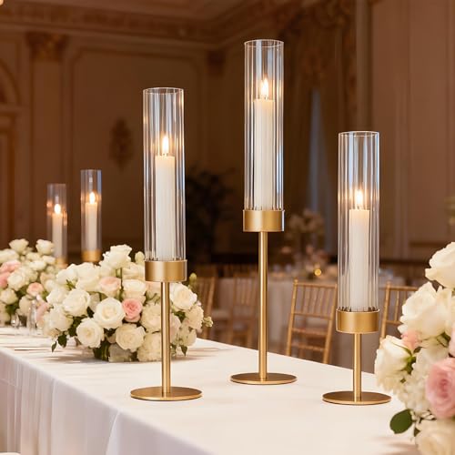 Garvee Gold Hurricane Candle Holders Set of 6, Taper Candlestick Holders with Ribbed Glass Cylinder Sleeves, Elegant Table Centerpiece for Wedding, Birthday, Christmas, Home Decor - size: 6