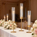 Garvee Gold Hurricane Candle Holders Set of 6, Taper Candlestick Holders with Ribbed Glass Cylinder Sleeves, Elegant Table Centerpiece for Wedding, Birthday, Christmas, Home Decor - size: 6