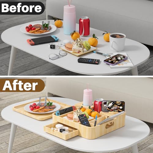 Couch Cup Holder, Couch Tray Cup Holder Sofa Tray, Large Capacity 2-Tier Wooden Trays with Drawer for Sofa, Bed, Picnic, Drinks, Snacks, Remote, Cell Phone, Headphones (Solid Pine Wood)12.5*12.5 in - color: Natural Pine Wood