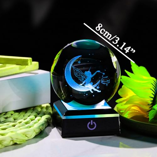 Qianwei Moon Fairy 3D Crystal Ball Laser Engraved Fairy Glass Ball Fairy Night Light Decorative Globes 3D Crystal Moon Sphere Fairy Gifts for Girl Her Fairy Lover - style: Fairy Moon