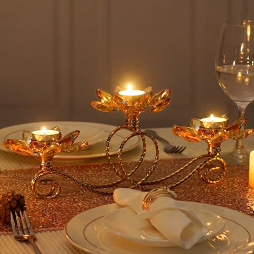 2Pcs Gold Kehail Crystal Metal Tea Light Candle Holder Set, 3-Arm Flower Shaped Crystal Votive Candlestick Holders for Table Centerpiece, Wedding Shower, Party and Home Decor - color: Gold, size: 2pcs-3 arm