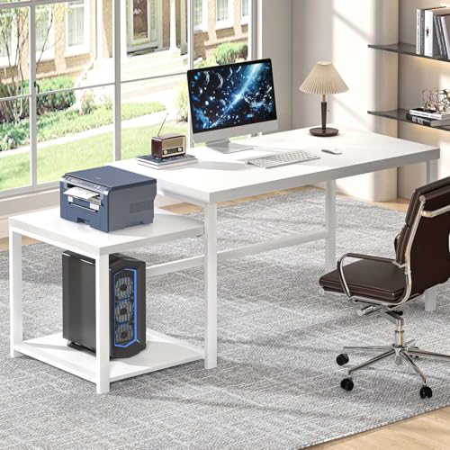 FOLUBAN Large White Computer Desk, Home Office Desk with Printer Space & PC Tower Stand, Modern Study Writing Table Workstation for Living Room Bedroom, 63 Inch - color: White