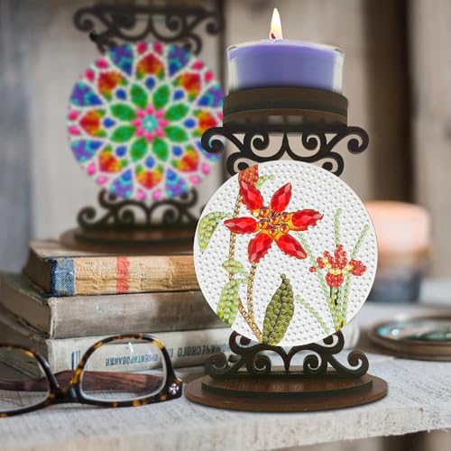 BAYUNOE DIY Candlestick Holders Wooden Desktop Diamond Art Painting Candle Holder Double-Sided Diamond Vintage Modern Decorative for Table Mantel Wedding Dinning Party-Flower - color: Flower