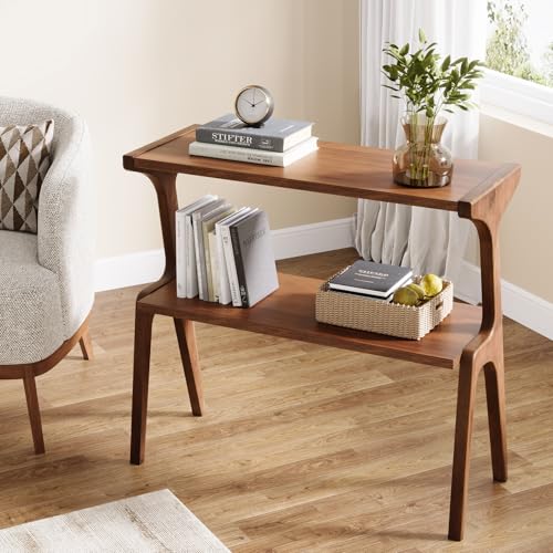 Tribesigns Solid Wood End Table, Rustic Side Table for Couch, 2-Tie Farmhouse Tall End Table, Narrow Bedside Table for Bedroom, Living Room, Easy Assembly, Rustic Brown - color: Rustic Brown