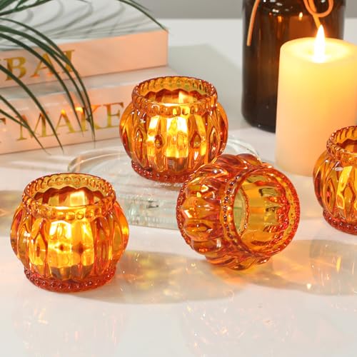SHOHAYTO Set of 6 Amber Tea Light Candle Holders, Votive Candle Holders for Wedding Table Centerpieces, Tealight Holders for Christmas Party & Home Decor
